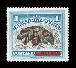 92, 1902 75c on $1.00 Blue and black, strong rich colors, well centered, o.g., very fine a highly desirable example of one of the key rarities of all Liberia signed H. Bloch
and accompanied by 2006 APS and Sismondo certificates.