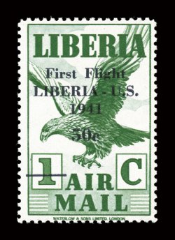 C17, 1941 1c Green with First FlightLiberia-U.S.194150c overprint, a highly desirable example of this air post rarity, being well centered and marvelously fresh, o.g., n.h.,
very fine only 43 were ever issued, most of which were used a