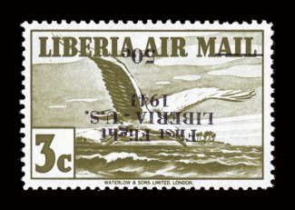 C1826 var., 1941 2c, 3c, 10c, 30c and $1.00 with First FlightLiberia-U.S.194150c inverted overprints, bright colors, o.g., n.h., a couple with faint gum blemish, fine-very
fine even the normal overprints are elusive, but when found invert