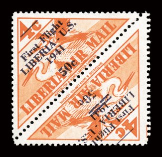 C20, C30, 1942 4c Orange with First FlightLiberia-U.S.194150c overprint, pair, one with and one without 1941 crossed out, brilliant color on fresh paper, o.g., lightly hinged,
very fine the 1941 was to be crossed out on all values when