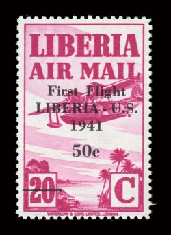 C23, 1941 20c Magenta with First FlightLiberia-U.S.194150c overprint, brilliantly fresh mint single, with vibrant color on bright white paper, well centered, o.g., n.h., very
fine only 388 were printed and the vast majority were used Stol