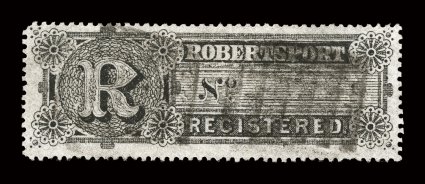 F5, 1893 (10c) Robertsport registration stamp, fresh color, fairly light six bar cancel, very fine a very scarce and difficult stamp 2006 APS and Sismondo
certificates.