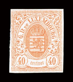 12, 1859 40c Red orange, unused, large margins all around, bright fresh color, Raymond Goebel notes the stamp is genuine and without faults but regummed, very fine signed H.
Bloch (Michel 11 Ç1,100) both the Scott and Michel catalog values a
