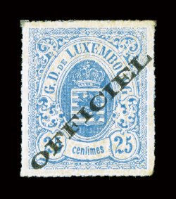 O7, 1875 25c Ultramarine with Officiel overprint, a remarkably choice mint example of this rare official, outstanding centering, especially fresh color, full original gum
which is most uncharacteristic, as the vast majority of unused examples