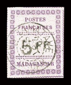 13, 1891 5Fr Violet and black on lilac, a select quality used example, without the usual thins and other faults that affect the overwhelming majority of this fragile issue,
full frame lines all around, strong color and a well incised impress