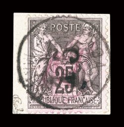 22C, 1895 Thick 15 handstamped surcharge on 25c Black on rose, Majunga provisional, manuscript surcharge mostly washed off as usual, tied to piece by full c.d.s. postmark,
fresh color, very fine among the of the tiny number of known example