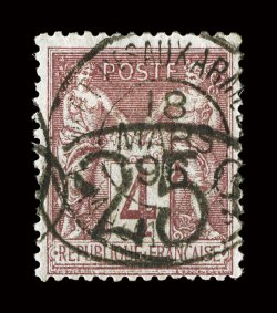 26, 1896 25c on 4c Claret on lavender, used, gorgeous rich color and a strong detailed impression, relatively light c.d.s. postmarks, insignificant corner perf. crease at top
left, a fine example of this very scarce stamp clear 1999 J.F. Brun c