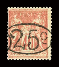 27, 1896 25c Surcharge on 40c Red on straw, brilliantly rich color and a strong impression, o.g., fine signed Calves and accompanied by a 1984 Friedl certificate (Yvert 27
Ç1,900).