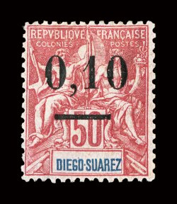 57, 1902 0,10 Surcharge on 50c Carmine on rose, radiant rich color, crisp impression, full original gum, fine a very rare stamp of which only 75 were printed signed A. Brun
and accompanied by a 1998 Behr certificate (Yvert 60 Ç5,800).