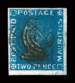 15, 1859 2p Deep blue on bluish, re-engraved by Sherwin, characteristic intense color and heavy but detailed impression indicative of the re-engraving of Barnards original
1848 plate, which had become worn beyond use, full to large margins and