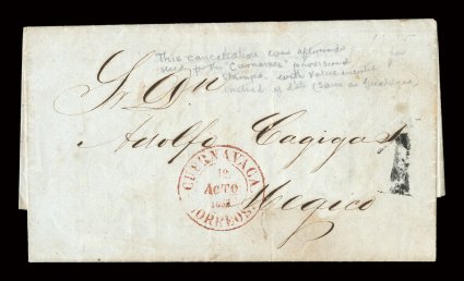 Cuernavaca10Agto1855 red handstamp, clear impression on stampless folded letter to Mexico City, black 1 at right, light cover aging mostly at bottom, fine according to the
certificate this handstamp was previously unknown in red (only