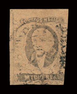 35, 1867 12R Black on buff, Mexico overprint, used, margins ranging from huge at top to in the design at right, lightly cancelled, trivial crease at bottom, fine for this
rarity 1959 PF certificate.