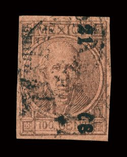 51, 1868 100c Brown on brown, with Chihuahua (21-68) district overprint, full to mostly large margins all around, strong color and impression, light cancel, faint trace of a
crease, still a very fine example of this scarce high value clear 19