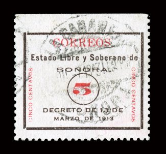 321, 1913 5c Black and red, used, well centered, bright colors, light La Cananea c.d.s., certificate mentions light creasing at top left which is quite trivial, very fine the
key stamp of the Sonora Typeset issues 1996 PF certificate.