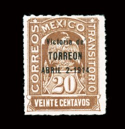 367, 1914 20c Yellow brown, Victoria de TORREON... overprint, variety with apostrophe after de, bright rich color, better centering than typically found on this rarity, o.g.,
small thin spot, very fine appearance 1982 Mepsi certificate.