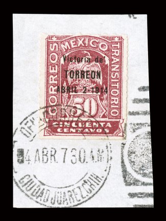 368, 1914 50c Claret, with Victoria de TORREON... overprint, variety apostrophe after de, tied to piece by Juarez duplex, brilliantly fresh, fine one of the major rarities of
all the Civil War issues of Mexico 1996 Mepsi certificate.