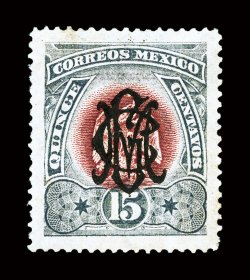 444, 1915 15c Lavender and claret, with Villa monogram overprint, excellent centering, strong colors, part o.g., a very fine example of this scarce stamp 1995 Mepsi
certificate.