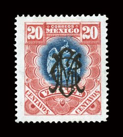 445, 1915 20c Rose and blue, with Villa monogram overprint, exceedingly well centered, wonderfully bright and fresh, o.g., trivial h.r., very fine a select quality example of
this rarity, of which only a small number of certified copies exist