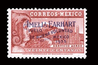 C74S, 1935 20c Amelia Earhart, with Muestra overprint, rich color, slightly disturbed o.g., fine a rare specimen, which is actually offered with less frequency than the rare
issued stamp.