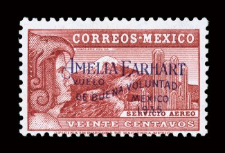 C74, 1935 20c Amelia Earhart, an exceptionally fresh mint example of this rare and popular air post stamp, rich luxuriant color, o.g., lightly hinged, fine only 300 printed
signed Sanabria and accompanied by a 1995 PF certificate.