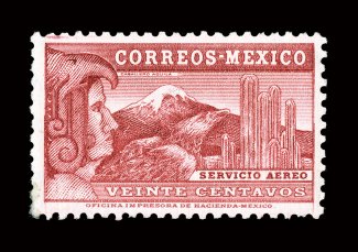 C76A, 1936 20c Lake, lines and Secretaria de Hacienda Mexico watermark, unused, well centered, strong color, regummed causing a tiny gum stain at bottom left, otherwise very
fine a stamp that is rarely encountered in unused condition.