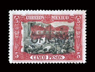 O112, 1916 5P Carmine and black official, deeply rich colors, o.g., small h.r., very fine an attractive example of one of the rarest of all the Mexican official stamps 1970 PF
certificate.