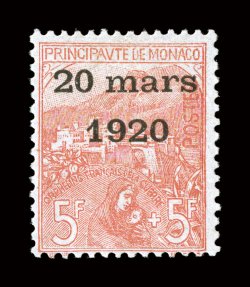 B18, 1920 5Fr + 5Fr Red, with 20 Mars1920 overprint, lovely fresh color, large part o.g., a fine example of this semi-postal rarity, being the key stamp to completing a Monaco
collection signed Champion and accompanied by his 1940 letter of