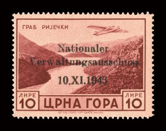 3NC5, 1943 10L Lake on rose buff air post, with NationalerVerwaltungausschuss10.XI.1943 overprint, strong rich color, o.g., minor h.r., very fine for this rarity not only the
key stamp to Montenegro, but an exceedingly elusive stamp for the