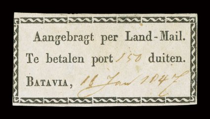 J1, 1846 Koper postage due label, used, just into the design at left, otherwise ample to large margins, strong impression, a fine example of this scarce stamp 2002 BKD
certificate (NVPH II).