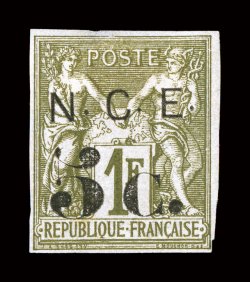 10, 1886 N.C.E.5c. Surcharge on 1Fr Bronze green on straw, unused, close to full margins all around, strong color, overall a very fine example of this great French Colonies
rarity, of which only a small number exist signed A. Brun and others