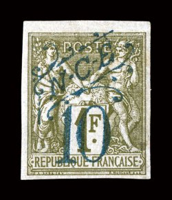 34, 1892 N-C-E10 Blue surcharge on 1 Fr Bronze green on straw, full to large margins all around, strong rich color, full o.g., small h.r., slight soiling spot in the right
margin, otherwise very fine only one sheet of 100 stamps was ever s