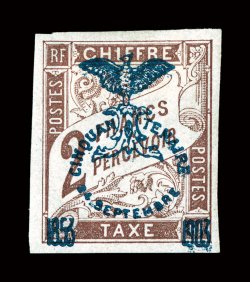 J8, 1903 2Fr Red brown postage due, large margins all around, unusually rich fresh color, o.g., h.r., very fine signed A. Brun and accompanied by a 2005 J.F. Brun certificate
ex-Gibralter (Yvert T15 Ç1,500).