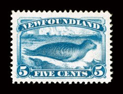 55, 1894 5c Bright blue, exceedingly well centered within extraordinarily large margins which are most unusual on this stamp, brilliantly rich color on pristine white paper,
full o.g., trivial h.r., extremely fine (Unitrade C$60.00).