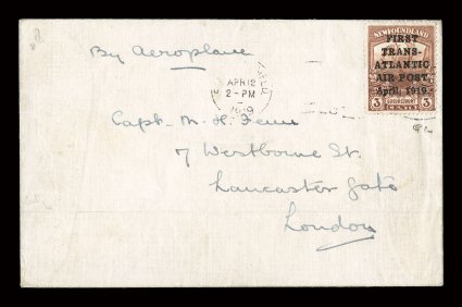 C1, 1919 3c Brown, with FirstTrans-AtlanticAir PostApril, 1919. overprint, the so-called Hawker air post, attractive single with rich color on cover that was actually flown,
the stamp came off the cover when the plane crashed at sea and