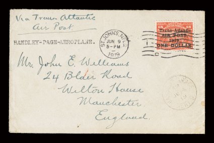 C2, 1919 $1.00 Air post surcharge on 15c Scarlet, well centered and fresh single tied by St. Johns Jun 19, 1919 pmk., with Harbour Grace June 14 pmk. below, addressed to
England, very fine the June 9 postmark confirms that this was the origina