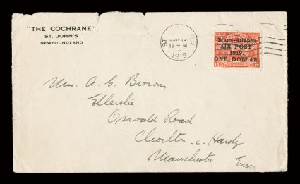 C2, 1919 $1.00 Air post surcharge on 15c Scarlet, tied by St. Johns Jun 10?, 1919 pmk., accompanied by the original letter from Lt. Arthur Whitten (Ted) Brown to his mother
dated June 10, both the letter and cover have the imprint of The C