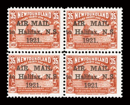 C3, b, f, 1921 35c Red with Air Mailto Halifax, N.S.1921 overprint, block of four, the top left stamp with narrow space between Air and Mail, bottom right stamp without
period, other two with period, strong color, o.g., top stamp with tr