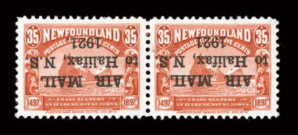 C3a, C3c, 1921 35c Red with Air Mailto Halifax, N.S.1921 inverted overprint, horizontal pair, the left stamp with period after 1921 and the right stamp without the period,
well centered, bright color, part o.g., with red offset on gum, rig