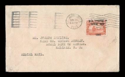 C3c, 1921 35c Red with Air Mailto Halifax, N.S.1921 inverted overprint, overprint also split, tied by Nov. 26, 1921 St. Johns duplex on cover to Halifax (Feb. 4, 1922
backstamp), stamp is exceptionally well centered, cover shows just a faint