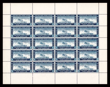 1932 $1.00 Blue Wayzata vignette, the proposed design for Trans-Atlantic flight, complete sheet of twenty with full selvage on all four sides, deep color, pristine o.g., n.h.,
a few perf. separations in the left margin, very fine not often encou