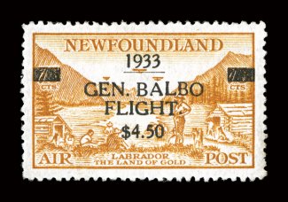 C18iv, 1933 $4.50 on 75c Balbo flight surcharge, perf. 14 rather than the more common perf. 14 12, perfectly centered, strong color, o.g., n.h., extremely fine an uncommonly
choice example, being even more so in this perf. variety 2006 Greene