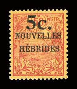 35, 1920 5c on 50c Red on orange, unusually well centered, brilliant colors, part o.g., very fine an elusive stamp and the key to the colony signed Calves and others (Yvert
58A Ç1,250).