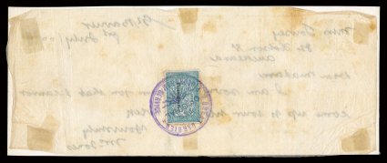 1899 1- Blue Great Barrier Island pigeon post, with Pigeongram overprint, tied on back of tissue paper message by well struck violet The Original Great Barrier Pigeongram
Service pmk., fine and scarce accompanied by a small delivery envelop