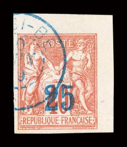 1, 1889 25 Blue surcharge on 40c Vermilion on straw, striking used single, being a top right corner sheet-margin copy, other two margins large, lovely fresh color, neat blue
c.d.s. postmark, extremely fine a select quality example with great