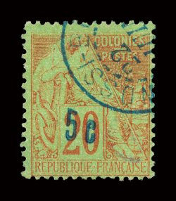 4, 1889 5c Blue surcharge on 20c Red on green, a fresh used example of this key rarity, strong bright colors, light blue c.d.s. postmark, fine signed Bernichon and accompanied
by a 1984 Calves certificate (Yvert 9 Ç1,700).