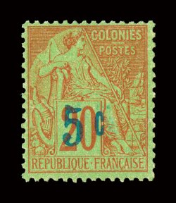 6, 1889 Large 5c Blue surcharge on 20c Red on green, a gorgeous example of this stamp which is rarely offered in mint condition, deep intense colors and impressions, well
centered, full original gum, lightly hinged, very fine among the fine