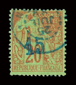 7, 1889 15 Blue surcharge on 20c Red on green, used, deeply rich colors, blue c.d.s. postmark, fine signed J.F. Brun and others (Yvert 4 Ç1,000).