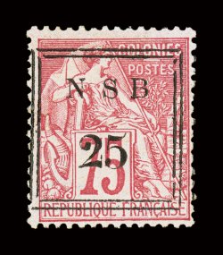 20, 1890 NSB25 Surcharge on 75c Carmine rose, exceptionally bright and fresh, full o.g., very fine signed Bernichon, Calves and accompanied by a 1998 Behr certificate (Yvert
17 Ç1,000).