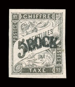 J1, 1892 5c Black postage due with Obock handstamp, a most impressive mint example of this major rarity, which is not only the rarest stamp of Obock, but one of the rarest
postage due stamps of all the French Colonies, four large even marg