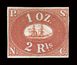 1-2, 1857 1R Blue and 2R Brown red Pacific Steam Navigation Co., both with four ample to large margins, strong rich color and impression, former with original gum (which is
rarely encountered), latter unused, each with a minor thin spot, 2R with